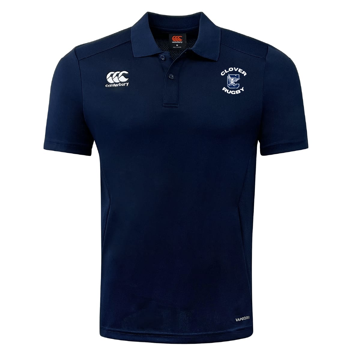 The Clover Middle School Club Dry Polo by EMB Canterbury is a navy short-sleeve polo with "Clover Rugby" and logo on the chest, plus Canterbury logos on the chest and sleeve. Features Vapodri Technology for breathability.