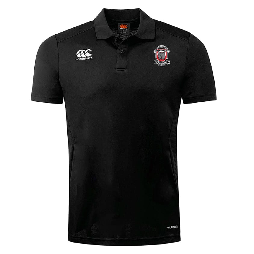 The Crescent City Rougaroux Club Dry Polo by EMB Canterbury is a black, short-sleeve collared shirt featuring white Canterbury and club logos, a buttoned placket, and breathable Vapodri Technology for comfort.