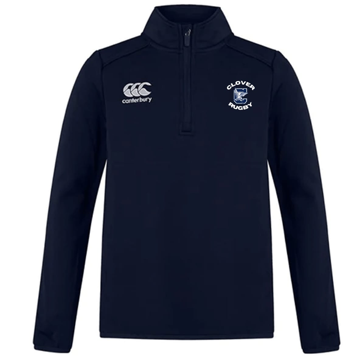 The Clover Middle School Club 1/4 Zip Mid Layer Training Top by EMB Canterbury features a navy design with a "Canterbury" logo on the right chest and a "Clover Rugby" crest on the left—perfect for rugby training.