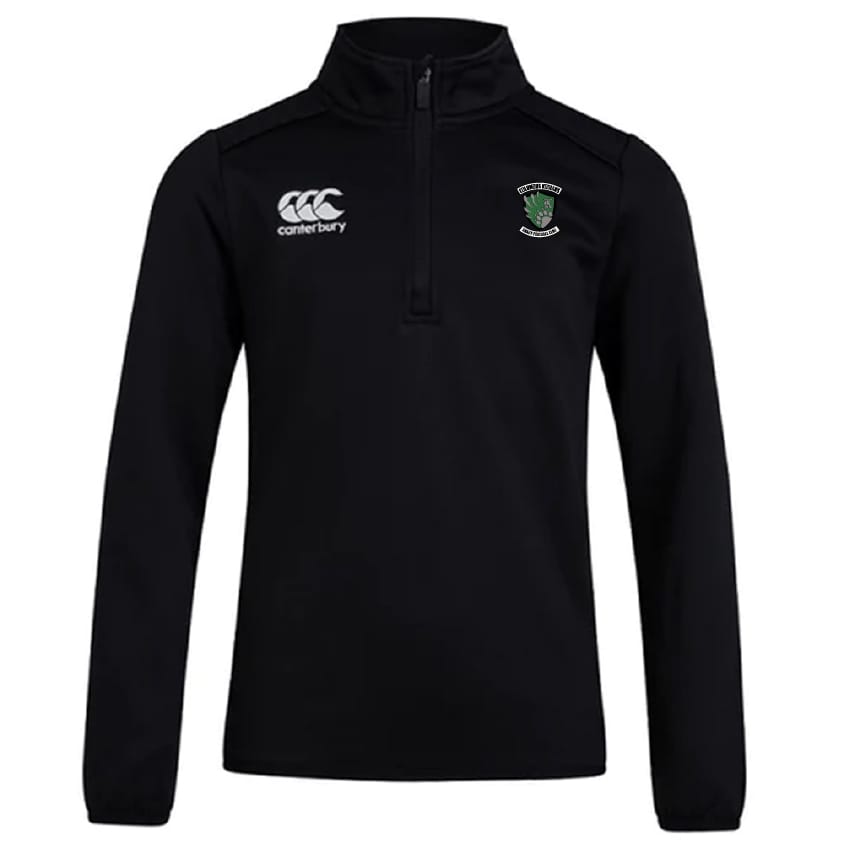 The Columbus Kodiaks Full Color Logo Club 1/4 Zip Mid Layer Training Top by EMB Canterbury features a black design, green and white club crest, Canterbury logo on the chest, and is made from bonded fleece for warmth.
