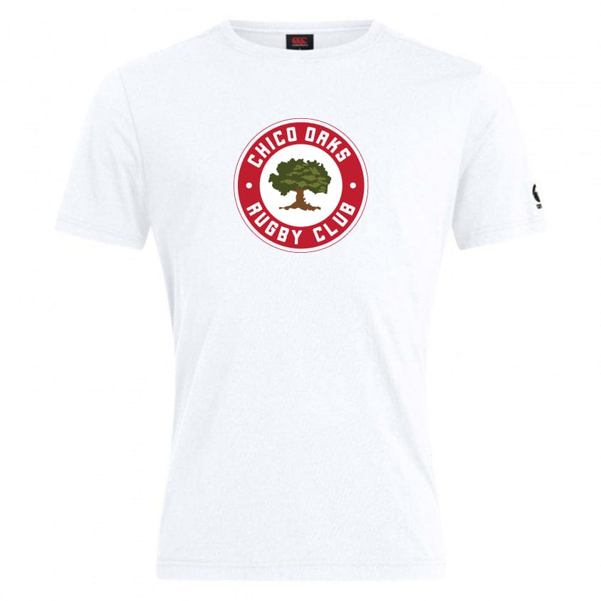 The Chico Oaks Club Plain Tee by Canterbury, from WRS Canterbury, is a classic white T-shirt made from premium cotton blend and features the "Chico Oaks Rugby Club" logo with a tree in a red circle, echoing the timeless style of the CCC Club Plain Tee.