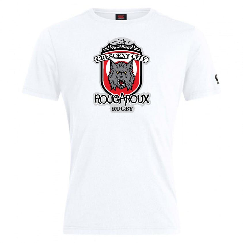 The Crescent City Rougaroux Club Plain Tee by WRS Canterbury is a white premium cotton-heavy t-shirt, featuring a "Crescent City Rougaroux Rugby" logo with a wolf head inside a red and black shield.