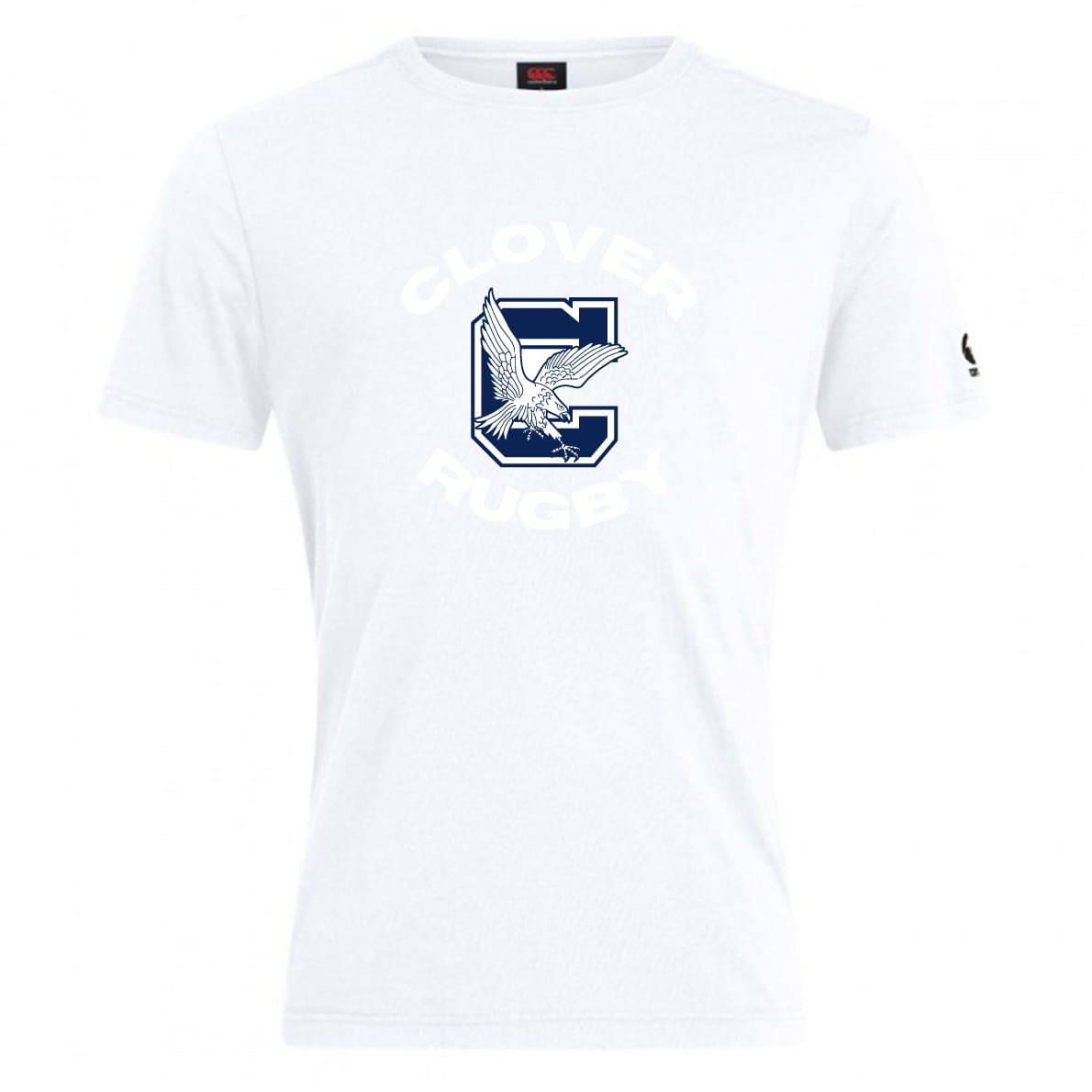 The Clover Middle School Club Plain Tee by WRS Canterbury is a white cotton-blend t-shirt with "CLOVER RUGBY" and a bold "C" featuring an eagle graphic—perfect for fans seeking a unique, sporty look.
