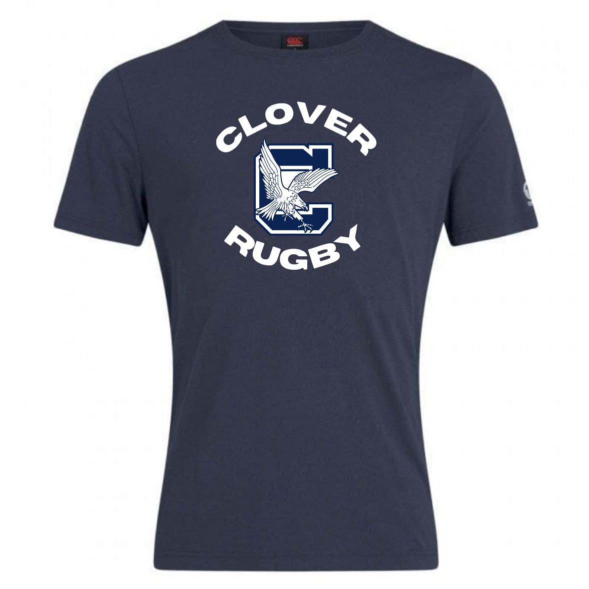 The Clover Middle School Club Plain Tee by WRS Canterbury is a navy blue cotton blend shirt featuring "CLOVER RUGBY" in white text and a bold "C" with an eagle—a customizable standout for rugby fans.