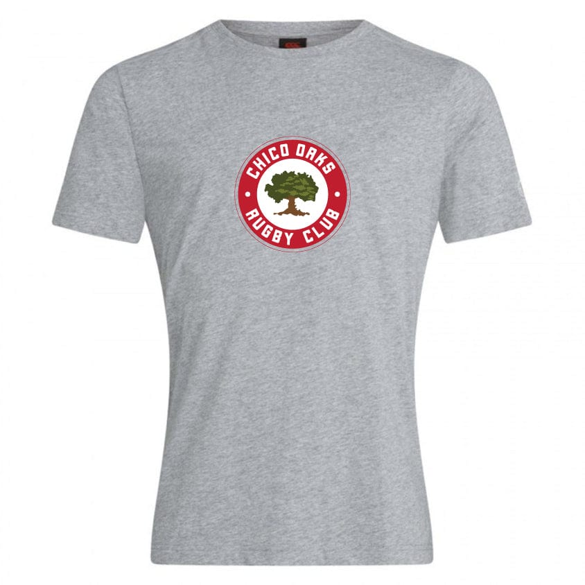 The Chico Oaks Club Plain Tee by Canterbury from WRS Canterbury features a gray cotton-heavy blend with a red circular logo, tree center, and "Chico Oaks Rugby Club" text.