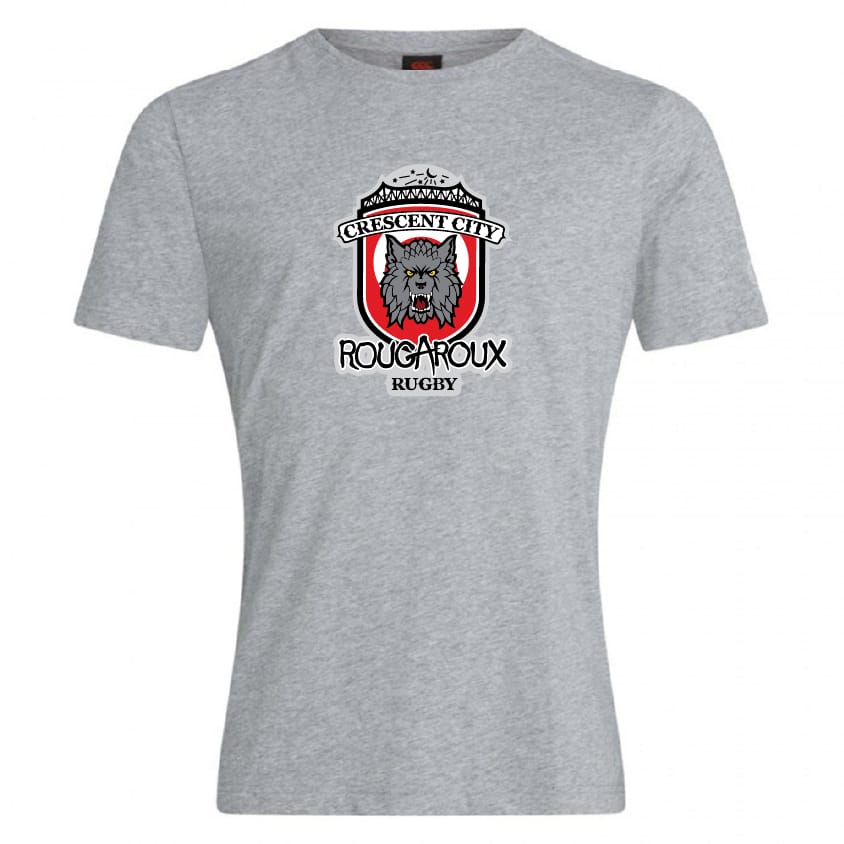 The Crescent City Rougaroux Club Plain Tee by WRS Canterbury features a "Crescent City Rougaroux Rugby" wolf head and shield logo on premium cotton-blend fabric for comfort and durability.
