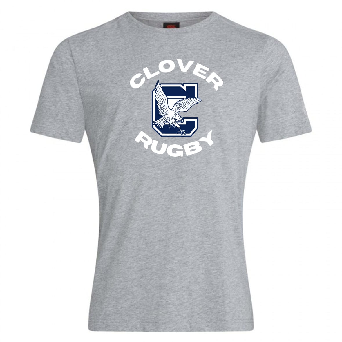 The Clover Middle School Club Plain Tee by WRS Canterbury is a gray cotton blend shirt with "CLOVER RUGBY" and a large C with an eagle—ideal as a customizable t-shirt for team spirit or casual wear.