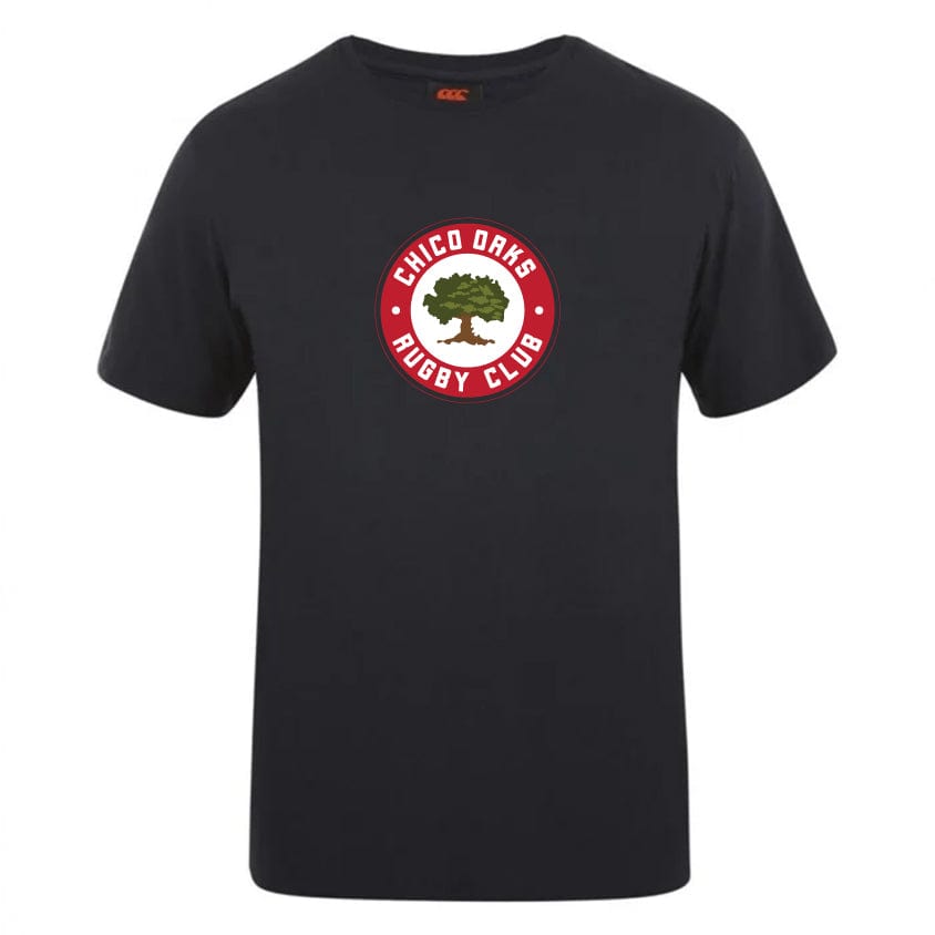 The Chico Oaks Club Plain Tee by WRS Canterbury is a black, cotton-heavy blend T-shirt featuring a "Chico Oaks Rugby Club" logo with a tree in a red circle on the front, perfect for customization.
