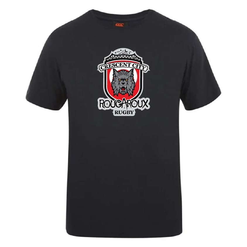 The Crescent City Rougaroux Club Plain Tee by WRS Canterbury is a black T-shirt with a wolf head, red and white shield logo, and bold chest text, crafted from a premium cotton-heavy blend for comfort.