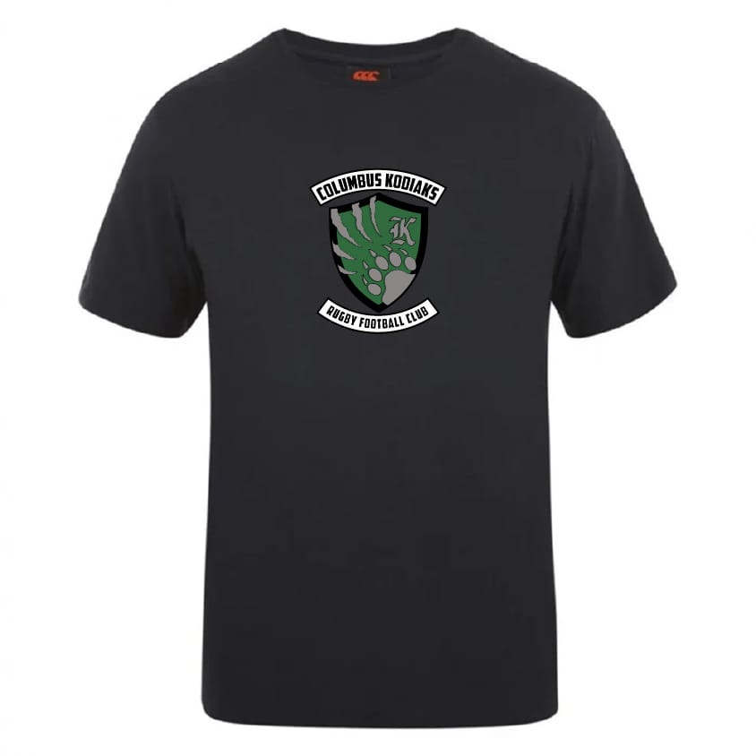 The Columbus Kodiaks Full Color Logo Club Plain Tee by WRS Canterbury features the team name and green bear paw logo on the chest, crafted from a premium cotton-heavy blend for comfort and durability.