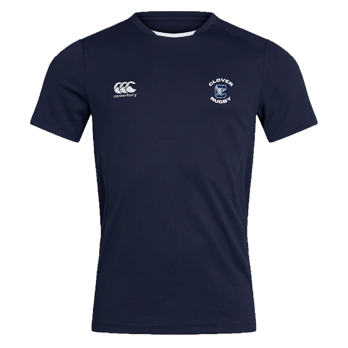The Clover Middle School Club Dry Tee by Canterbury is a navy short-sleeve top featuring Vapodri Technology for breathability, a white EMB Canterbury logo on the right chest, and the "Clover Rugby" crest on the left.