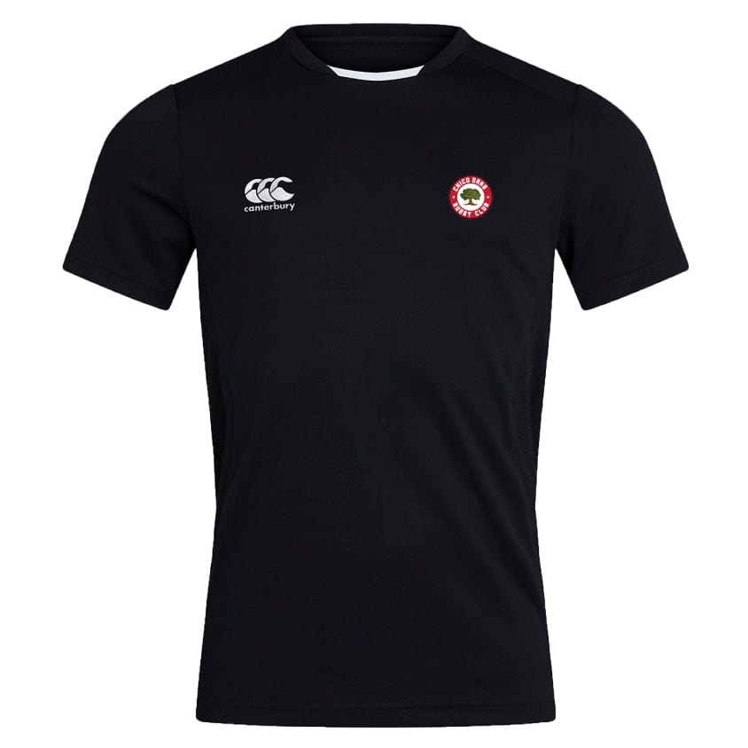 The Chico Oaks Club Dry Tee by EMB Canterbury is a black, short-sleeved sports jersey featuring CCC branding and a Canterbury logo on the chest. It includes a round emblem on the right, zoned mesh panelling, and Vapodri Technology for enhanced comfort and ventilation.