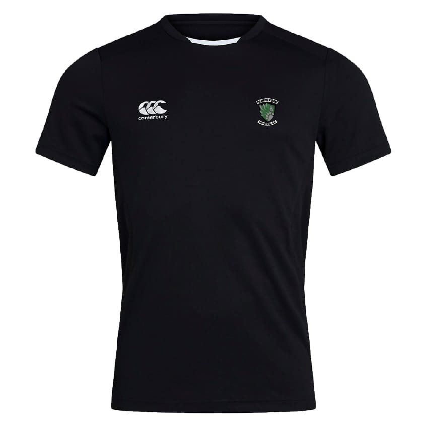 The Columbus Kodiaks Full Color Logo Club Dry Tee by EMB Canterbury is a black short-sleeve athletic shirt with the Canterbury logo, a green and white crest, and Vapodri Technology for comfort during workouts.