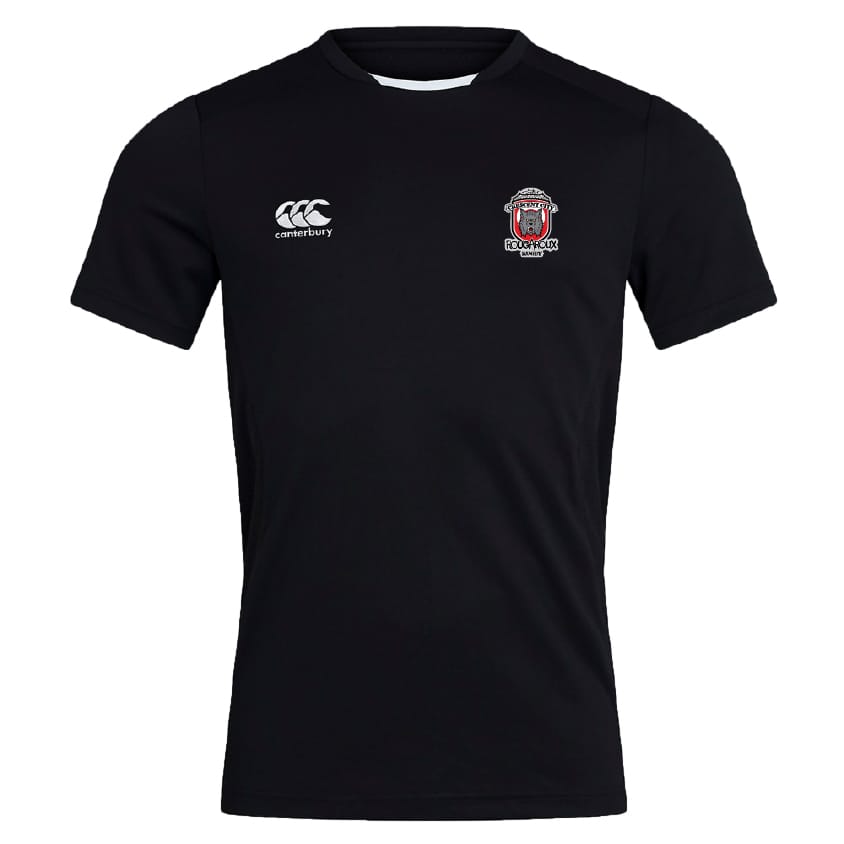 The Crescent City Rougaroux Club Dry Tee by EMB Canterbury is a black short-sleeve shirt with breathable Vapodri Technology, featuring a Canterbury logo on the right chest and an embroidered team badge on the left chest.