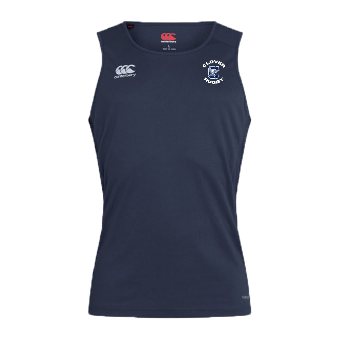 Stay cool in the Clover Middle School Club Dry Singlet by EMB Canterbury, featuring the “Clovers Rugby” logo and Vapodri Technology—perfect athletic gear for fans.