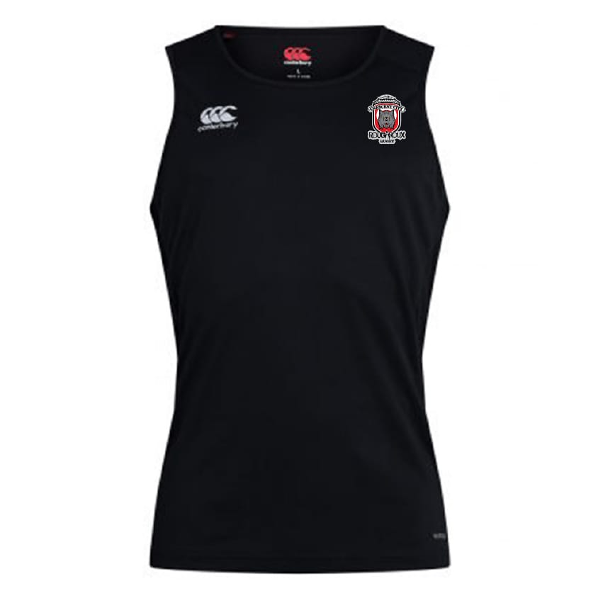 The Crescent City Rougaroux Club Dry Singlet by EMB Canterbury is a black sleeveless tank with Vapodri Technology, small embroidered left chest logo, and a white Canterbury logo on the right—ideal for your athletic gear collection.