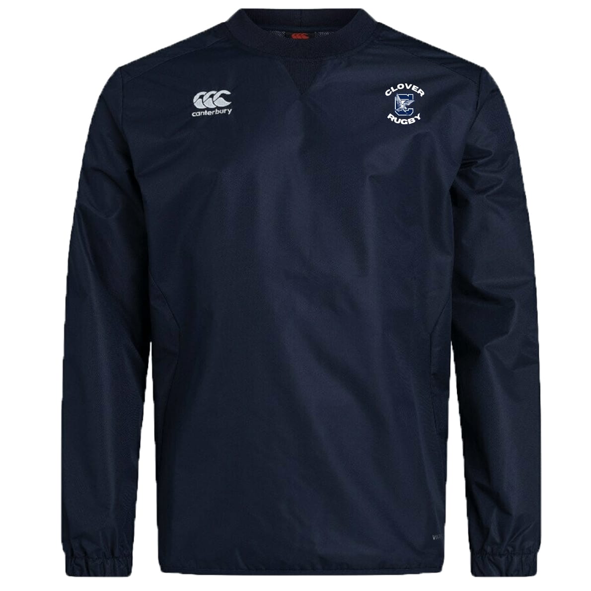 A navy blue Clover Middle School Club Vaposhield Contact Top by EMB Canterbury, featuring "Canterbury" and "Clovers Rugby" logos on the front.
