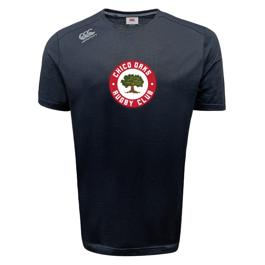 The Chico Oaks Tempo Vapodri T-Shirt by WRS Canterbury features the "Chico Oaks Rugby Club" logo with a tree in a red circle and utilizes VapoDri technology for comfort and dryness.