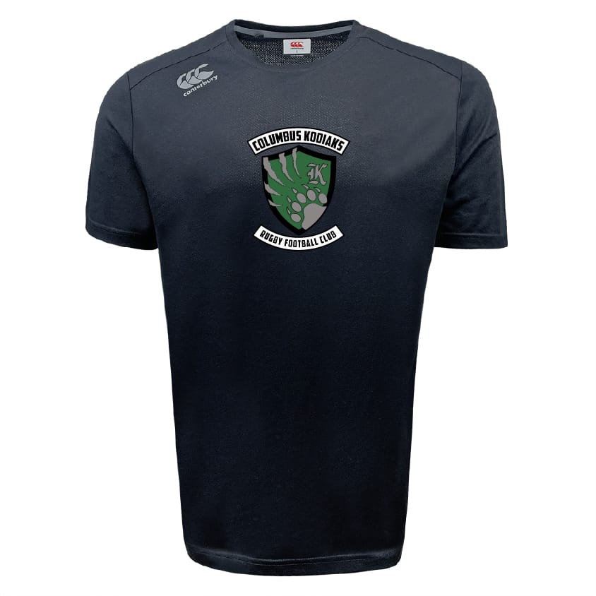 Stay cool and comfortable in the Columbus Kodiaks Full Color Logo Tempo Vapodri T-Shirt by WRS Canterbury—a black, moisture-wicking sports tee with a bear paw and rugby ball logo for the Columbus Kodiaks Rugby Football Club.