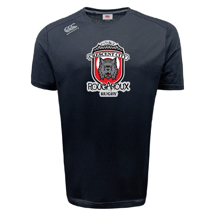 The Crescent City Rougaroux Tempo Vapodri T-Shirt by WRS Canterbury is a black short-sleeve athletic tee featuring the team's wolf head and red shield logo, designed for performance and moisture-wicking comfort.