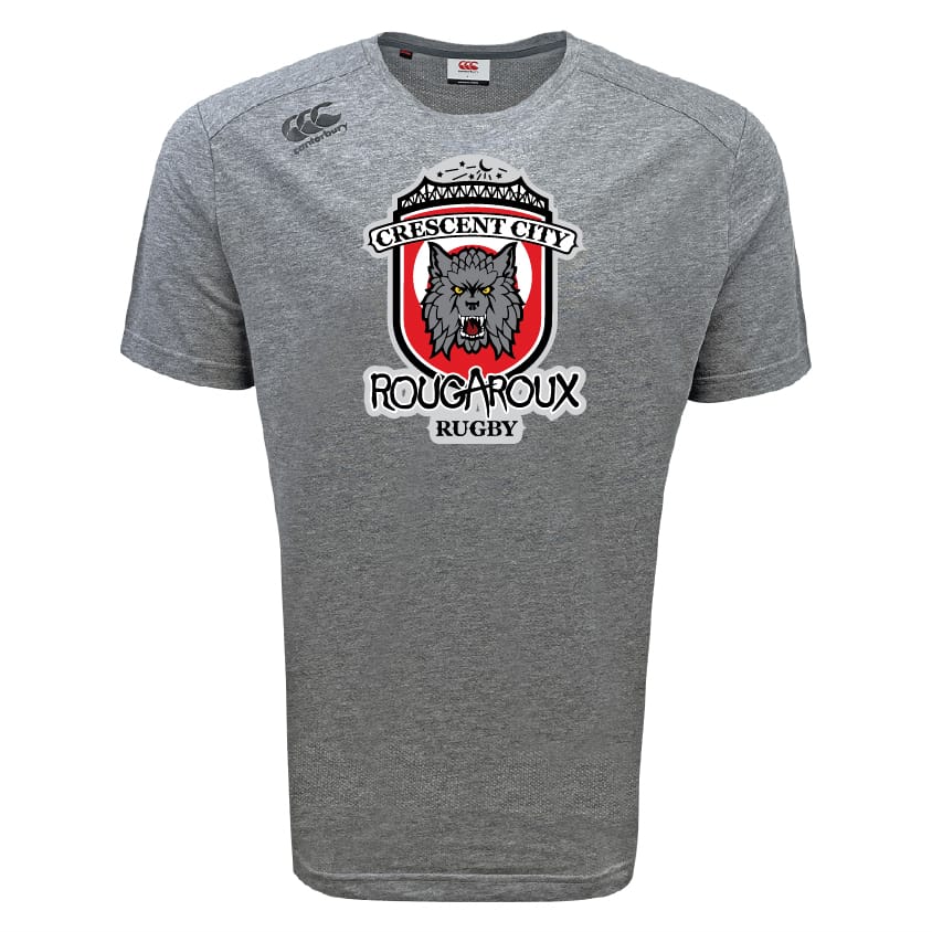 The Crescent City Rougaroux Tempo Vapodri T-Shirt by WRS Canterbury features a wolf's head and crest logo, moisture-wicking VapoDri technology, and subtle Canterbury branding.