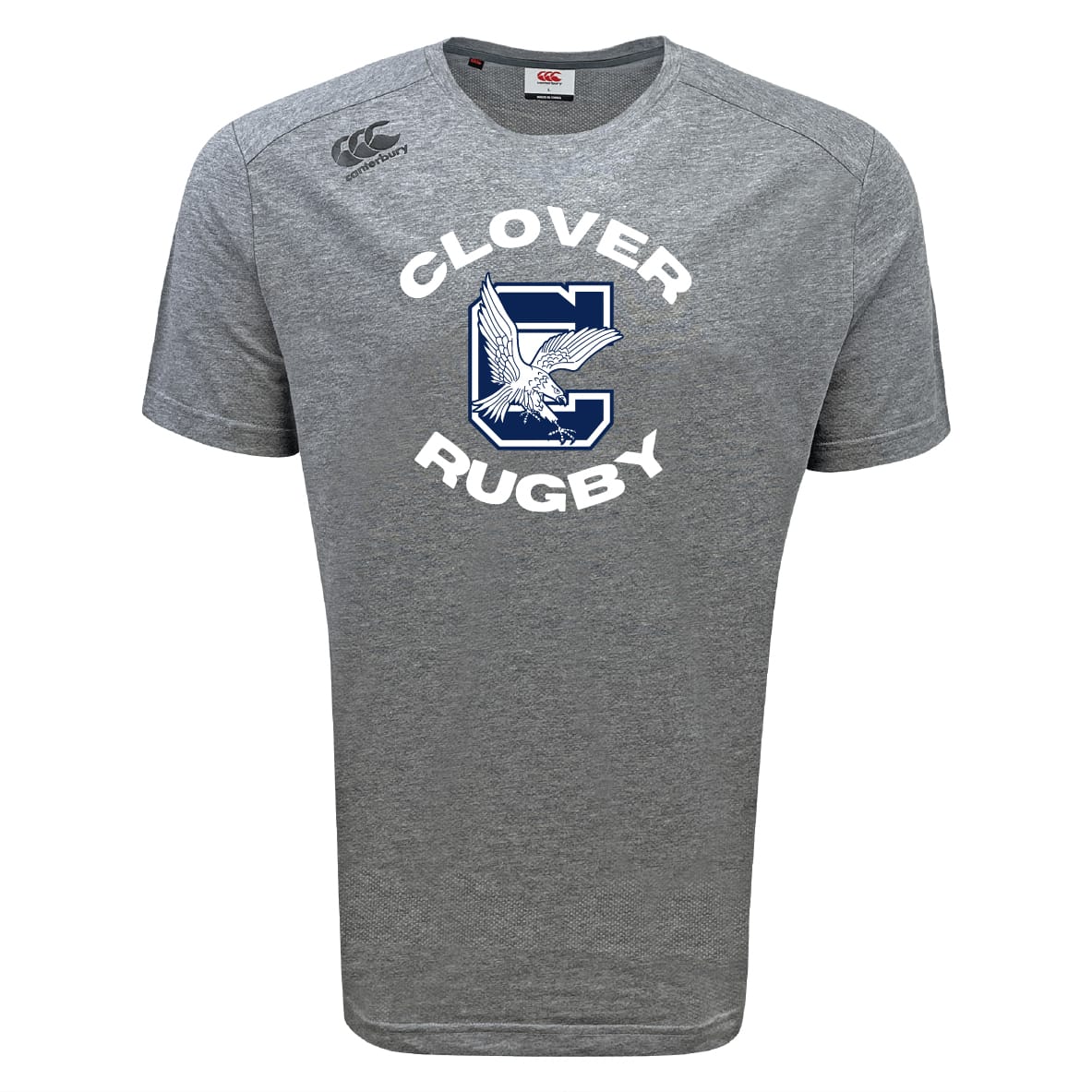 The Clover Middle School Tempo Vapodri T-Shirt by WRS Canterbury is a gray short-sleeve athletic shirt with "Clover Rugby" text and a large "C" with an eagle graphic on the front.
