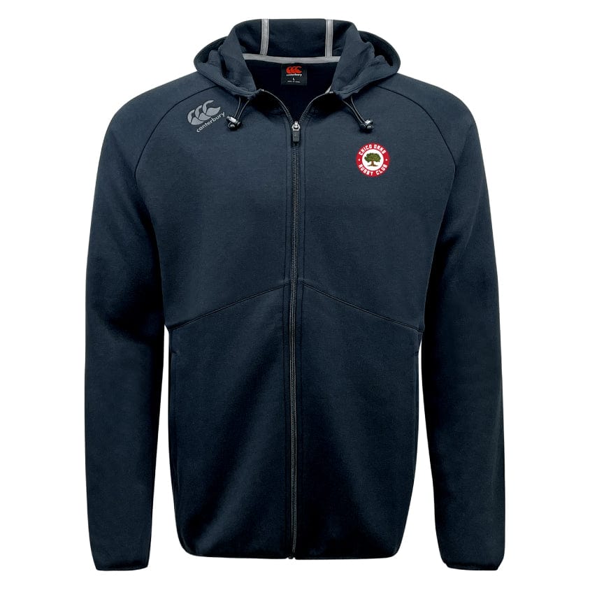 The Chico Oaks Tempo Vapodri Full-Zip Hoodie by EMB Canterbury is a black zip-up jacket with Canterbury logos on the chest and shoulder, designed with moisture-wicking technology for comfort.