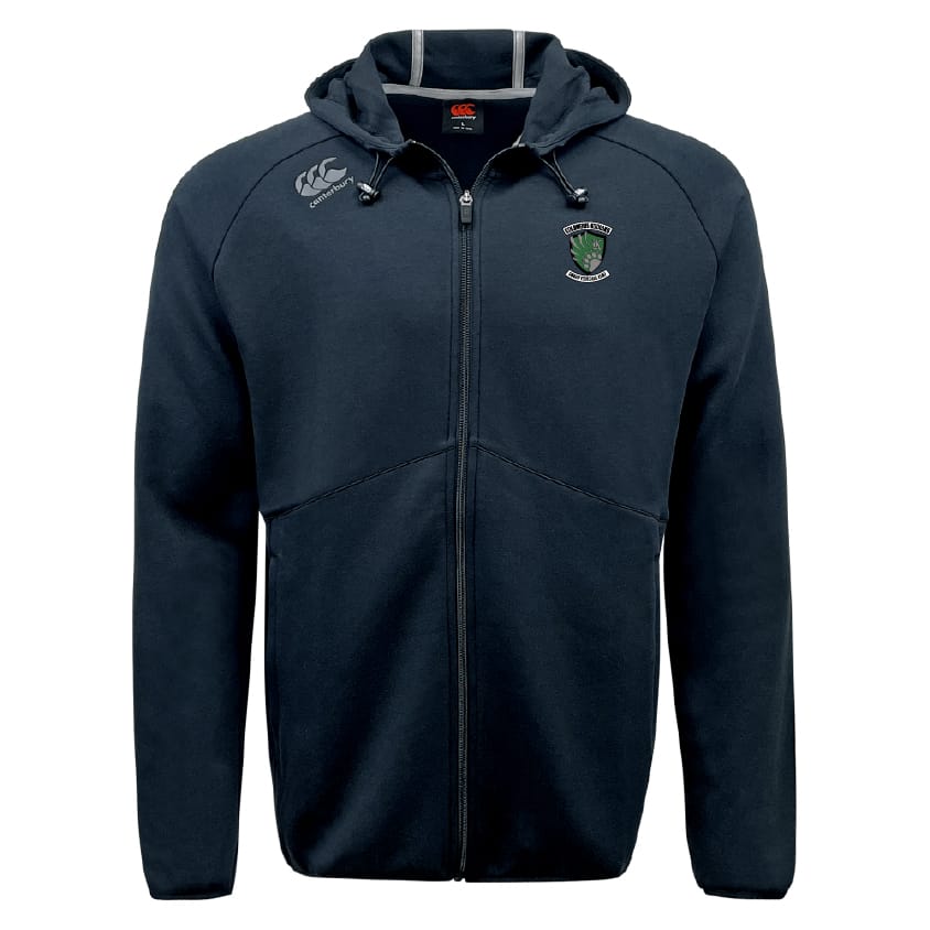 The Columbus Kodiaks Full Color Logo Tempo Vapodri Full-Zip Hoodie by EMB Canterbury is a navy hoodie with hood, front pockets, two chest logos, and CCC VapoDri tech for moisture-wicking comfort.