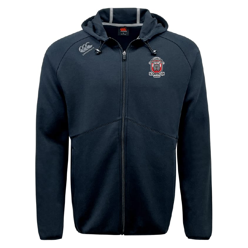 The Crescent City Rougaroux Tempo Vapodri Full-Zip Hoodie by EMB Canterbury is a black hoodie with a hood, two front pockets, embroidered logos on the left chest and right shoulder, and VapoDri tech for all-day comfort.