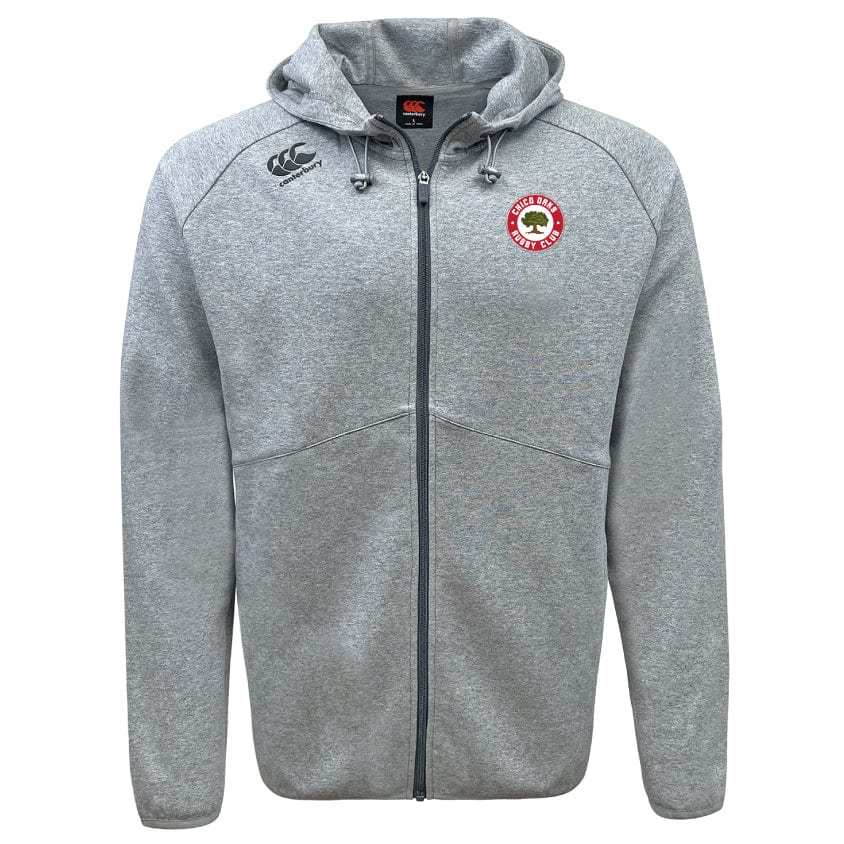 The Chico Oaks Tempo Vapodri Full-Zip Hoodie by EMB Canterbury is a stylish gray zip-up with black drawstrings, featuring the Canterbury logo on the left chest and a small emblem on the right shoulder, offering moisture-wicking comfort.