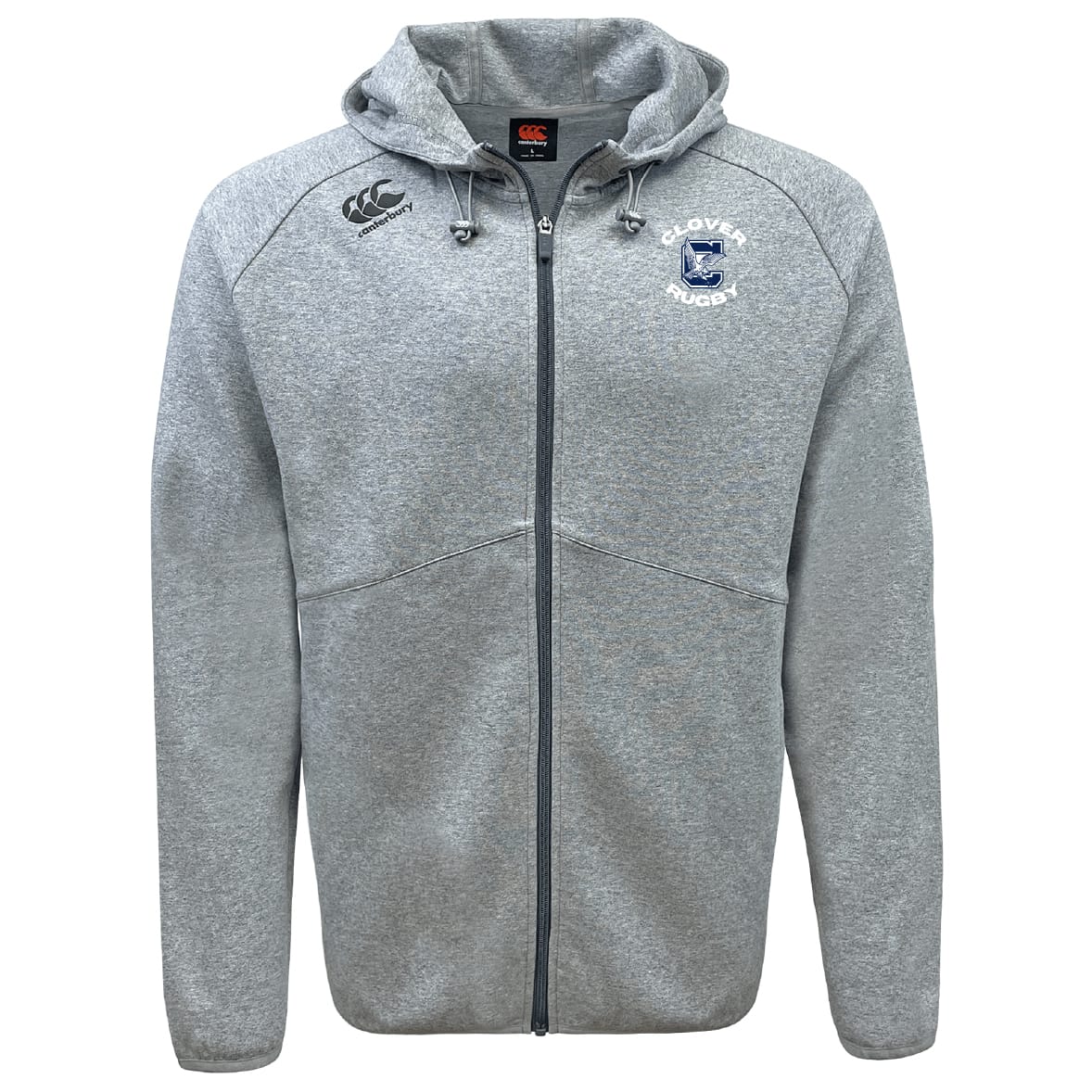 The Clover Middle School Tempo Vapodri Full-Zip Hoodie by EMB Canterbury features a light grey design, hood with drawstrings, black zipper, two front pockets, "Clovers Rugby" left chest logo, and moisture-wicking fabric for comfort.