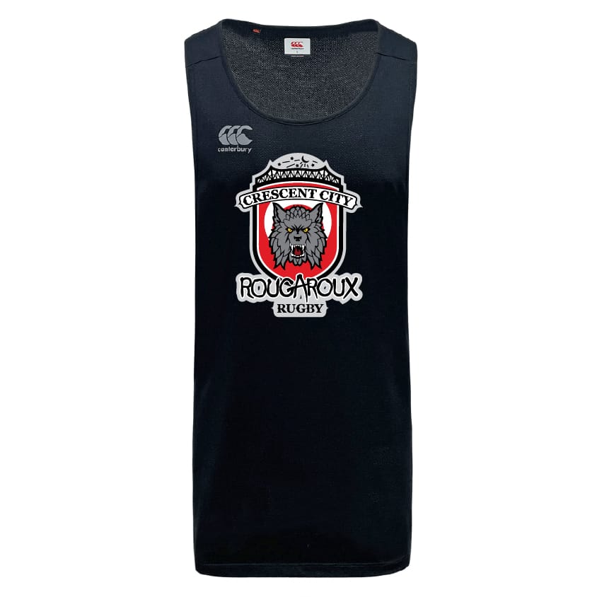 The Crescent City Rougaroux Tempo Vapodri Singlet by WRS Canterbury is a black sleeveless shirt with a wolf logo and team name on the front, made from quick-drying fabric for comfort during intense workouts.