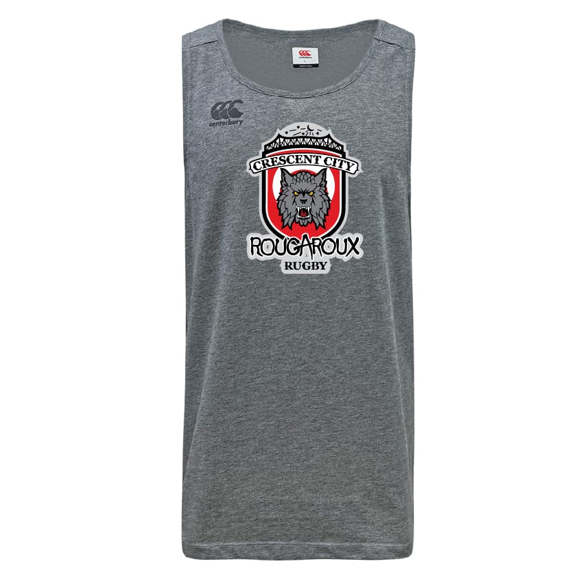 The Crescent City Rougaroux Tempo Vapodri Singlet by WRS Canterbury is a gray sleeveless shirt made from recycled polyester, featuring moisture-wicking performance and the team’s wolf logo on the chest.