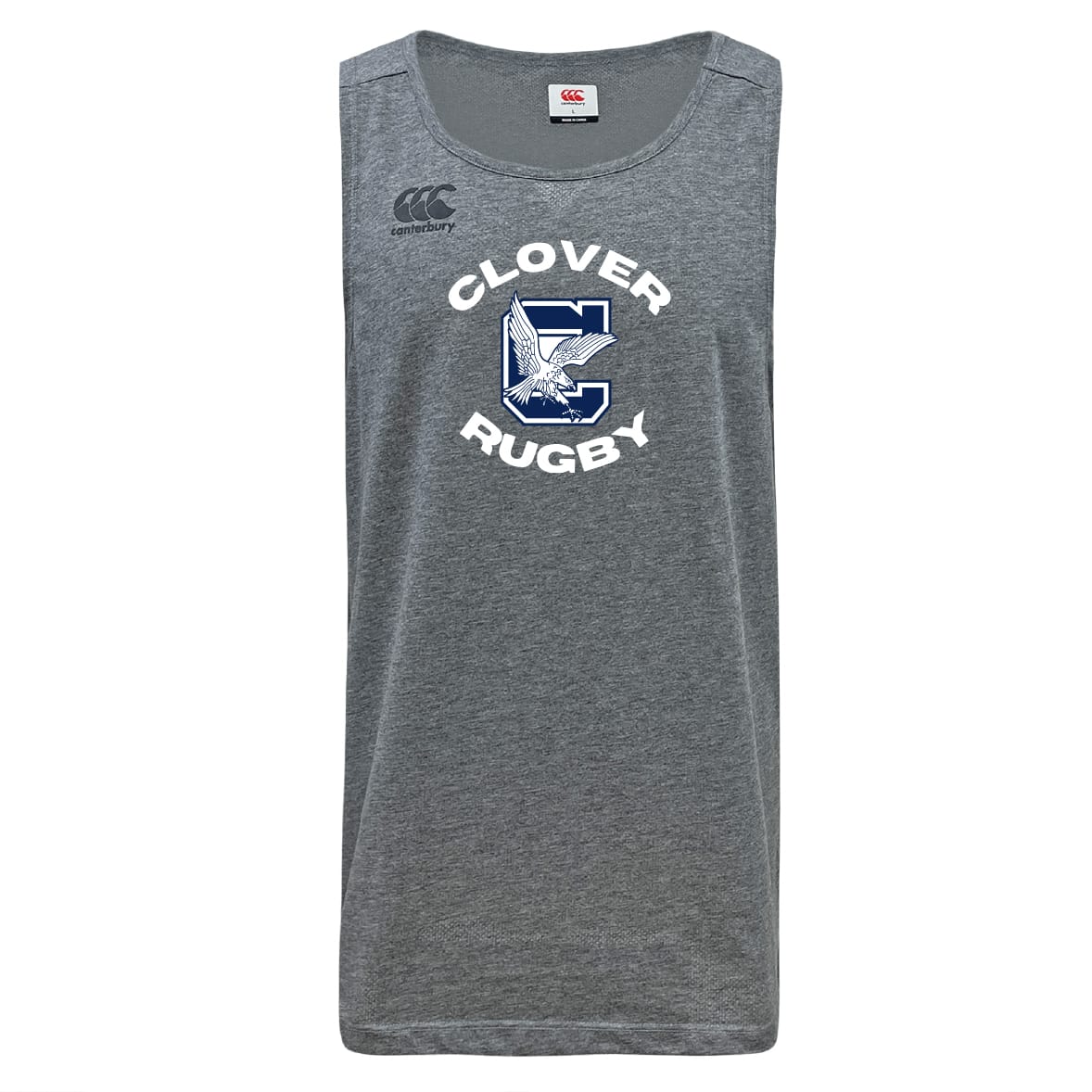 The Clover Middle School Tempo Vapodri Singlet by WRS Canterbury is a gray recycled polyester tank top with "Clover Rugby" and a large C featuring a clover and eagle design on the front.