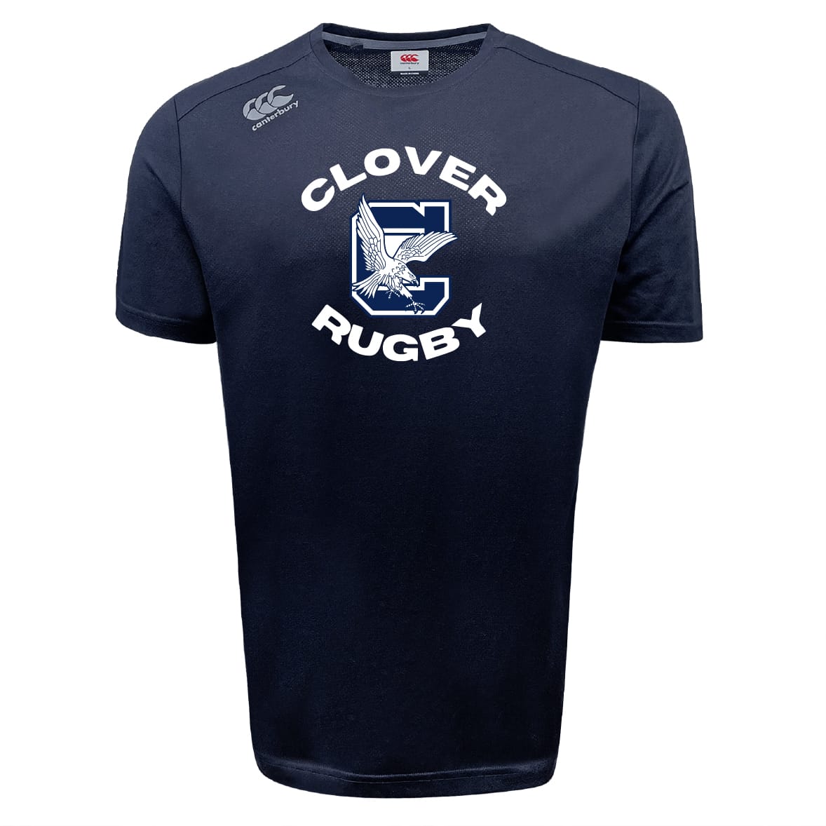 The Clover Middle School Tempo Vapodri T-Shirt by WRS Canterbury features a navy blue design, large white "C" with eagle graphic on the front, moisture-wicking fabric, and the Canterbury logo on the right shoulder.