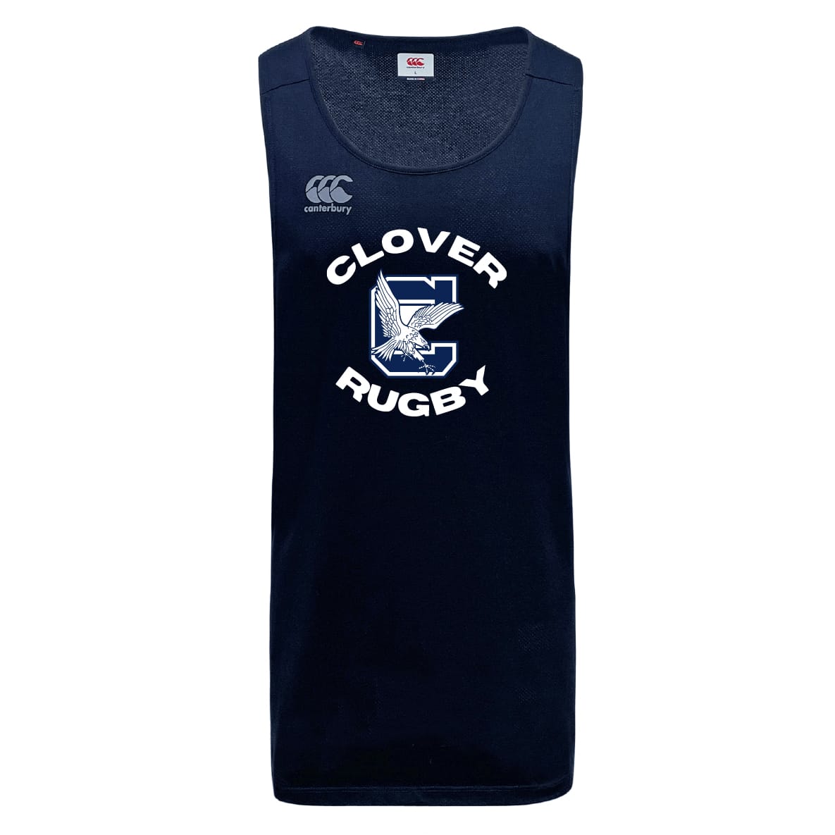 The Clover Middle School Tempo Vapodri Singlet by WRS Canterbury is a navy blue, sleeveless rugby jersey made from recycled polyester, featuring "Clover Rugby" and an eagle logo on the front.