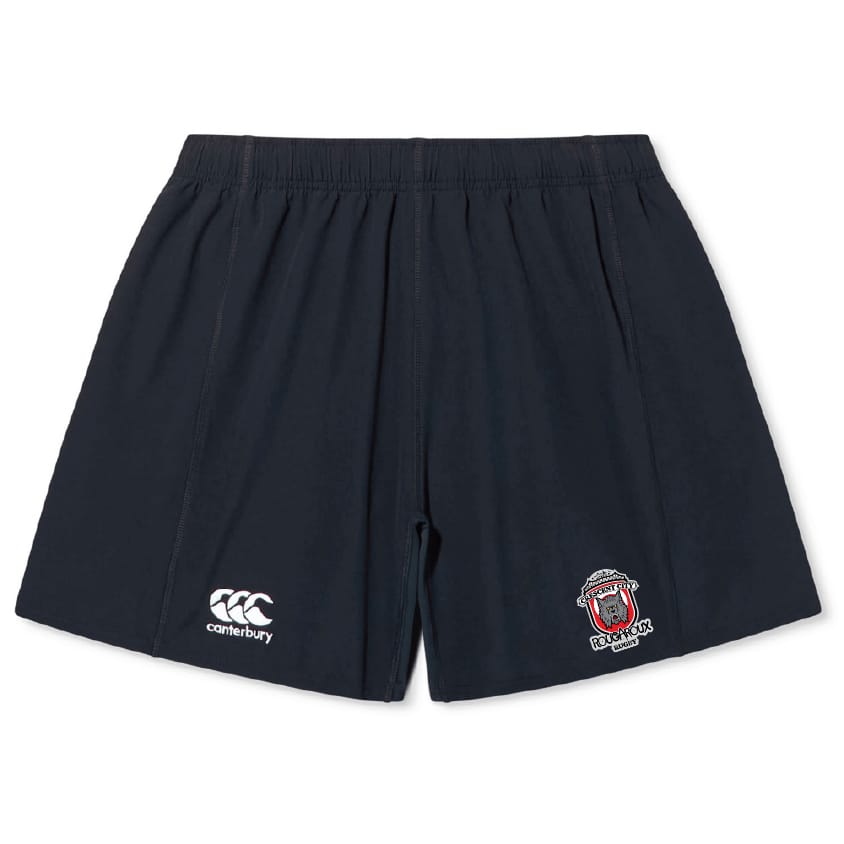The Crescent City Rougaroux Yokohama Short by EMB Canterbury is a pair of black rugby shorts featuring the Canterbury logo on the left leg, team crest on the right, and crafted from durable fabric for long-lasting performance.