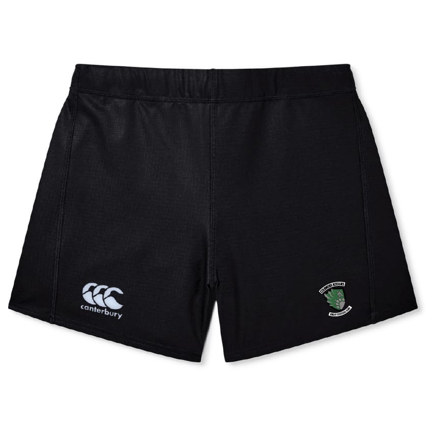 The Columbus Kodiaks Full Color Logo Women's Yokohama Short by EMB Canterbury features an elastic waistband, moisture-wicking Vapodri fabric, the Canterbury logo on the left leg, and a green and white crest on the right leg.