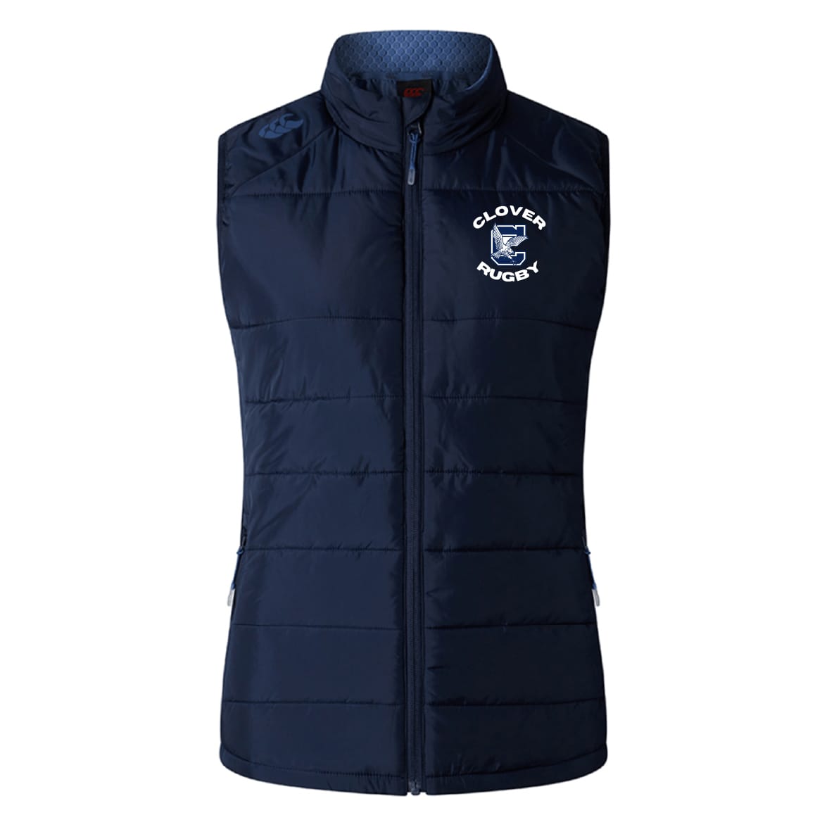 The Clover Middle School Women's Elite Microlite Gilet by EMB Canterbury is a navy blue sleeveless insulated vest with a stand collar, front zipper, and "Clover Rugby" logo—perfect for layering.