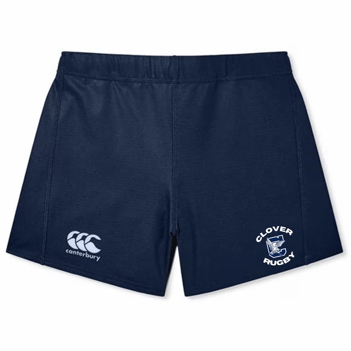 The Clover Middle School Women's Yokohama Short by EMB Canterbury features the Canterbury logo on the left leg and Glover Rugby crest on the right, designed for comfort as women's rugby shorts in navy blue.