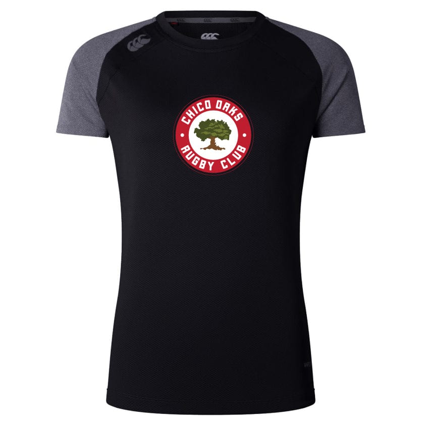 The Chico Oaks Women's Elite Training Tee by WRS Canterbury features dark gray sleeves and Vapodri technology. Made from lightweight fabric, it sports a central tree logo for the "Chico Oaks Rugby Club," blending performance and style seamlessly.