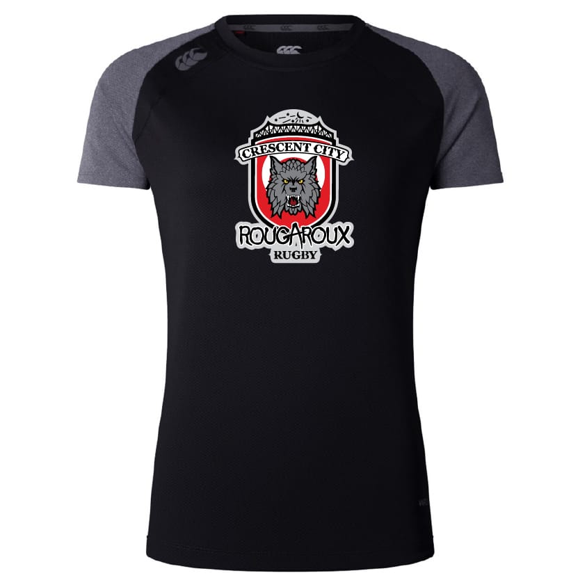 The Crescent City Rougaroux Women's Elite Training Tee by WRS Canterbury features a wolf-like creature and shield logo on the chest, crafted with lightweight fabric for comfort in black and dark gray.