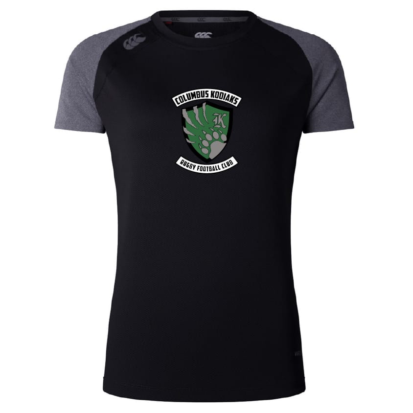 The Columbus Kodiaks Full Color Logo Women's Elite Training Tee by WRS Canterbury features a green bear paw logo on the front and is made from lightweight recycled polyester with Vapodri technology for elite performance.