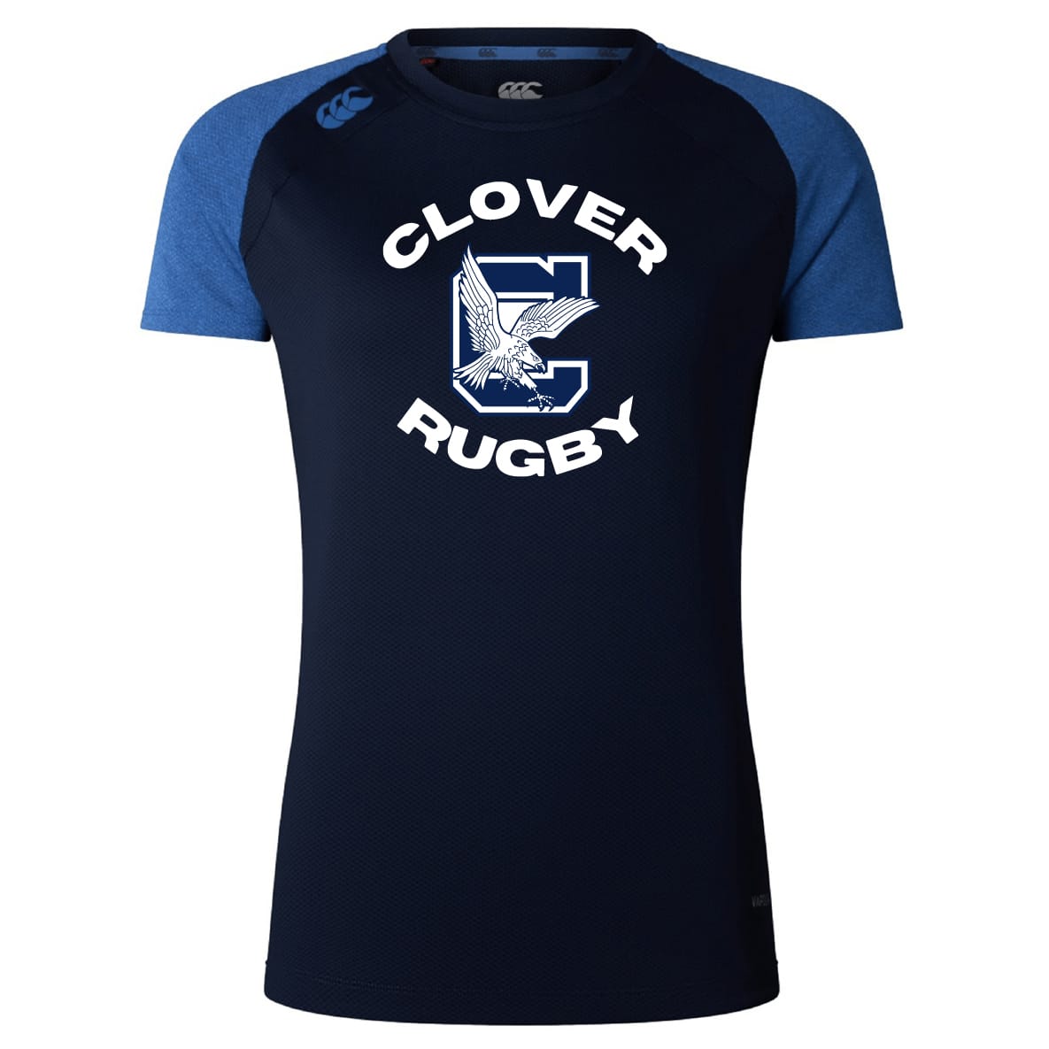 The Clover Middle School Women's Elite Training Tee by WRS Canterbury features navy blue with blue sleeves, "Clover Rugby" text and an eagle logo on the chest. Lightweight, moisture-wicking fabric keeps you comfortable during intense training.