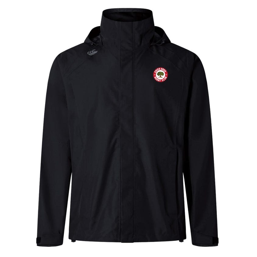 The Chico Oaks Elite Storm Jacket by EMB Canterbury is a black waterproof jacket, designed with Vaposhield technology, complete with a hood and featuring a red circular logo on the chest.