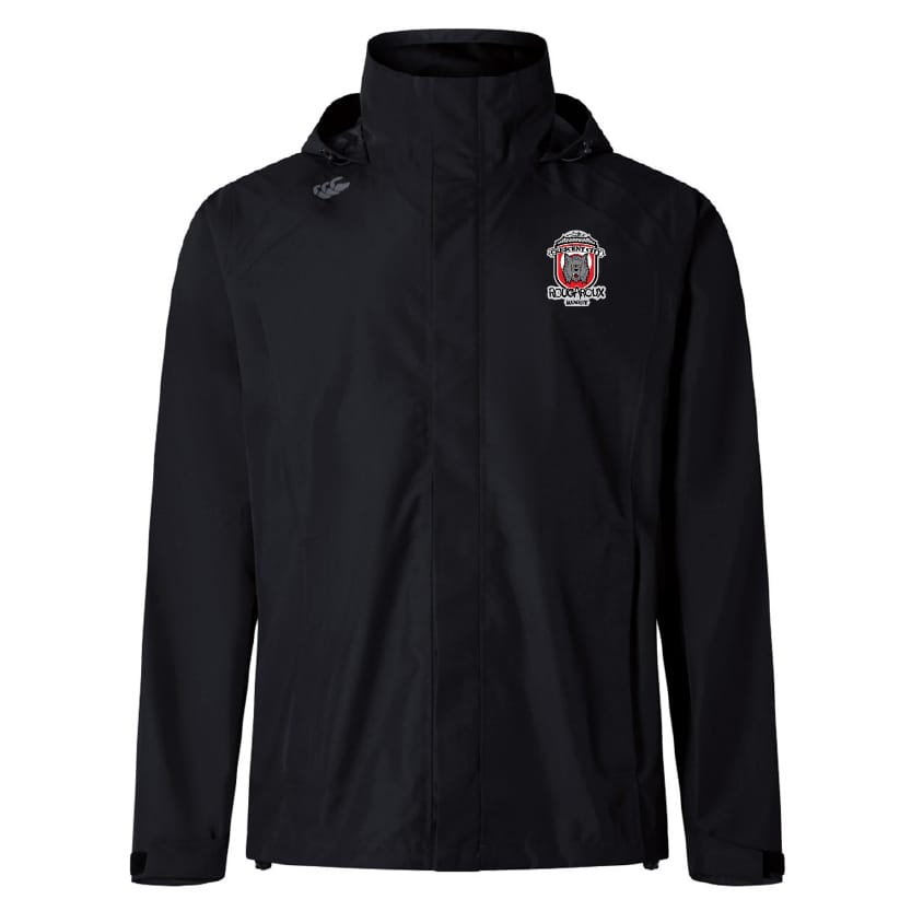 A black Crescent City Rougaroux Elite Storm Jacket by EMB Canterbury with a hood, red and white crest logo, and "Colorado" on the chest. Vaposhield tech keeps you dry in any weather.
