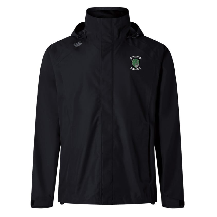 The EMB Canterbury Columbus Kodiaks Full Color Logo Elite Storm Jacket by Canterbury is a black waterproof hooded jacket with long sleeves, Vaposhield performance, and embroidered crest and logo on the chest and shoulder.