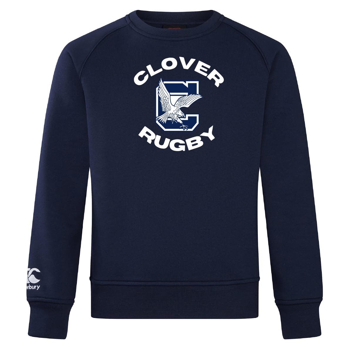 The Clover Middle School Club Crew Sweatshirt by WRS Canterbury is a navy blue sweatshirt with "Clover Rugby" text, a large "C" and bird graphic on the front, plus the Canterbury Club Crew Sweatshirt logo on the left sleeve.