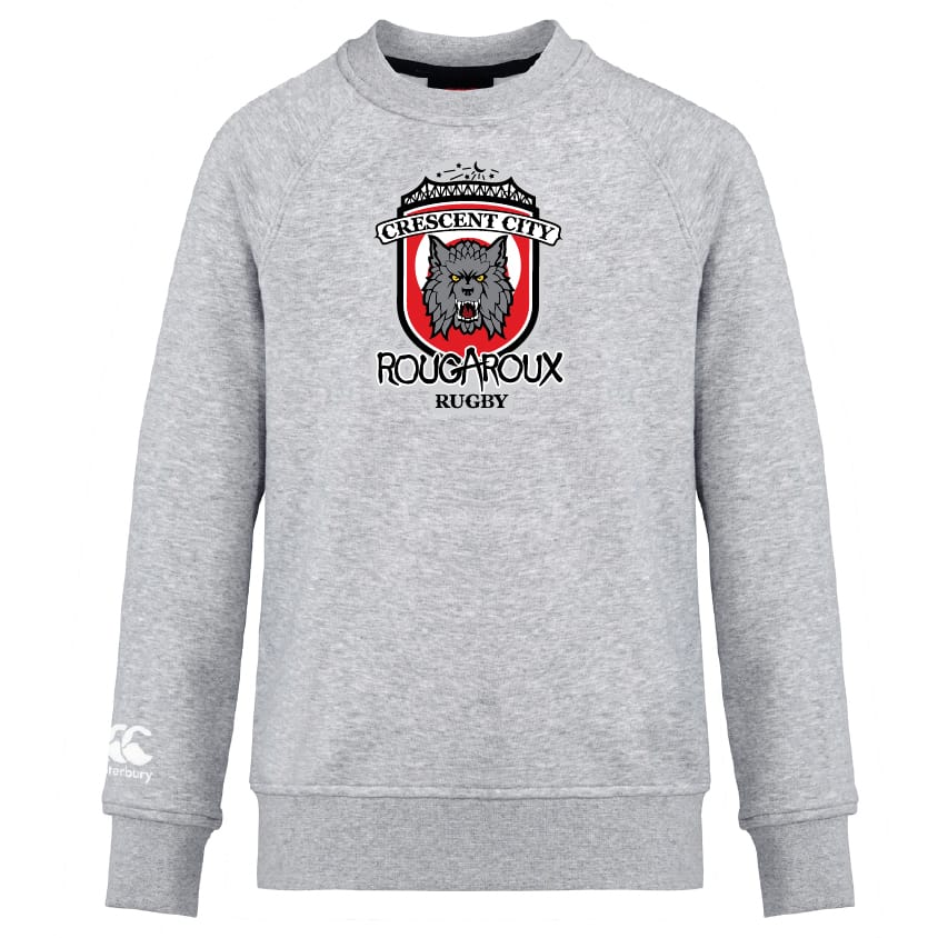 The Crescent City Rougaroux Club Crew Sweatshirt by WRS Canterbury is a gray ultra-soft top featuring the team’s wolf head and shield logo on the chest, plus an embroidered CCC logo for classic Canterbury style.