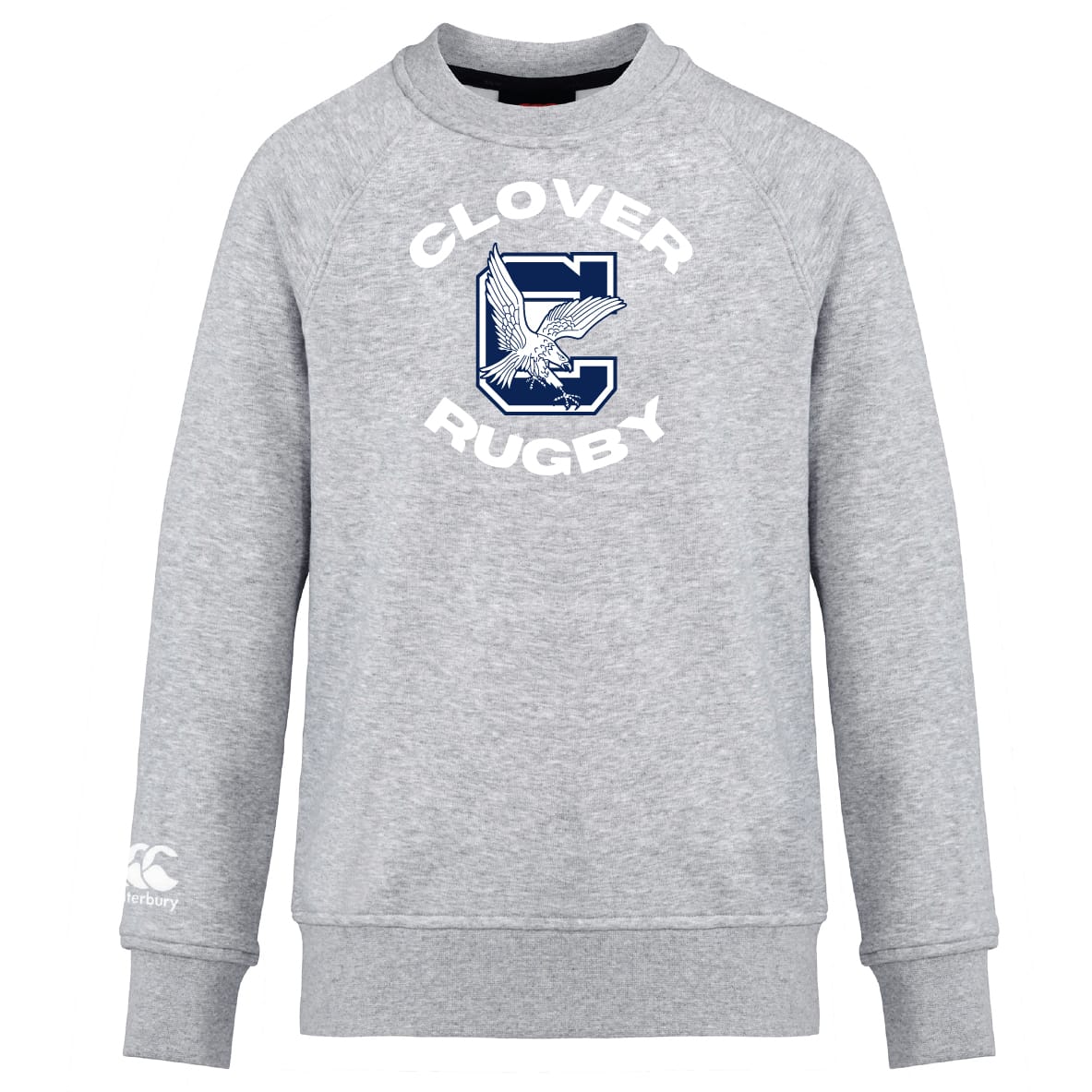 The Clover Middle School Club Crew Sweatshirt by WRS Canterbury features "Clover Rugby" in white and navy, a bold "C," eagle graphic on the chest, ultra-soft feel, and a white Canterbury logo on the left sleeve.